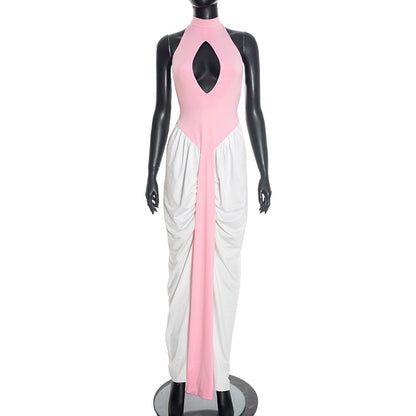 DZHT D25DS548 halter sleeveless hollow contrast color ribbon slit dress