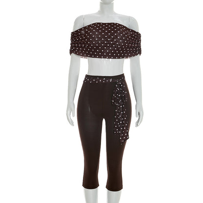 DZHT J26ST063 fashion off-the-shoulder polka dot cropped pants suit