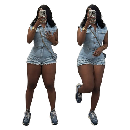 MZ (S-2XL) stretch denim MZ88645 denim sleeveless slim jumpsuit