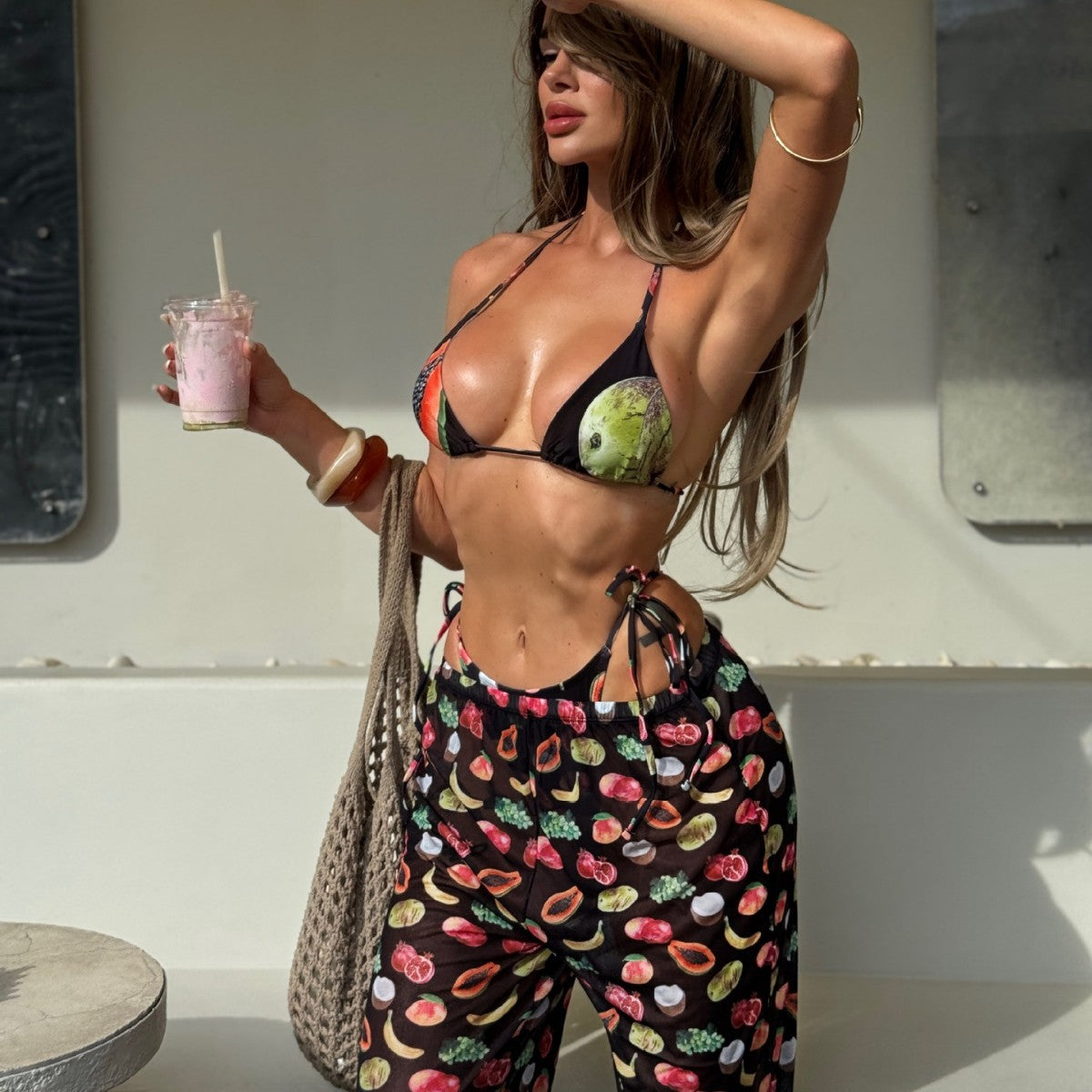 (4 days ready to ship) SY 2026 printed three-piece set halter lace-up bikini