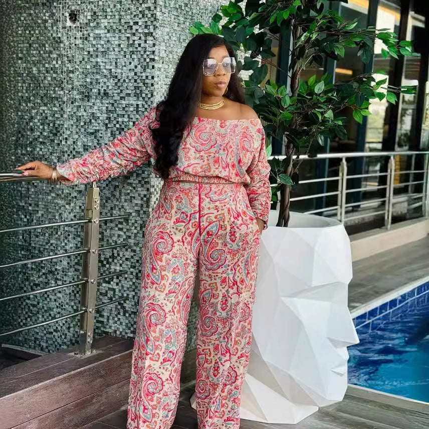 GY (S-3XL) S10711 loose off-the-shoulder elastic pleated long sleeve wide leg suit