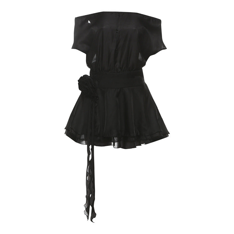 SXR autumn net yarn flowers fitted waist backless off-the-shoulder jumpsuit short skirt