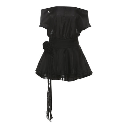 SXR autumn net yarn flowers fitted waist backless off-the-shoulder jumpsuit short skirt