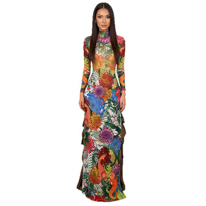 DLS plant print long sleeve half turtleneck high slit long shirt