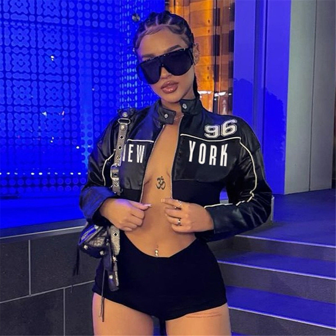 SXR autumn short zip leather coat fashion print stitching jacket