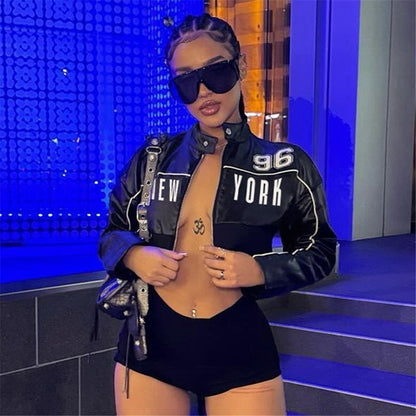 SXR autumn short zip leather coat fashion print stitching jacket