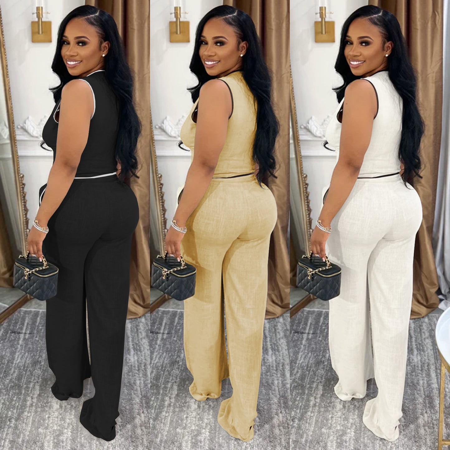 XYZ C7402 casual V-neck button top trousers two-piece set