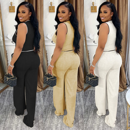 XYZ C7402 casual V-neck button top trousers two-piece set