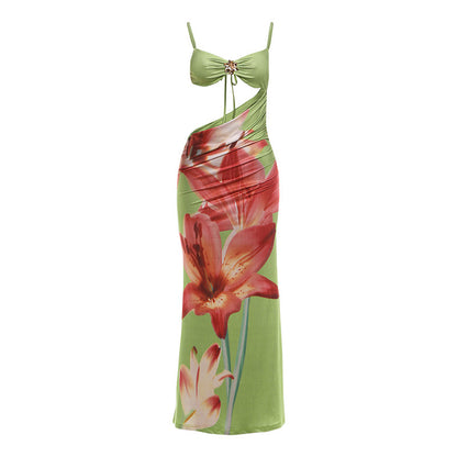 SXR K25D88764 navel wrapped chest spaghetti-strap floral print dress