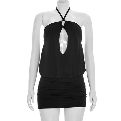 DZHT D26DS099 pure color halter lace-up cutout Bud sheath jumpsuit skirt