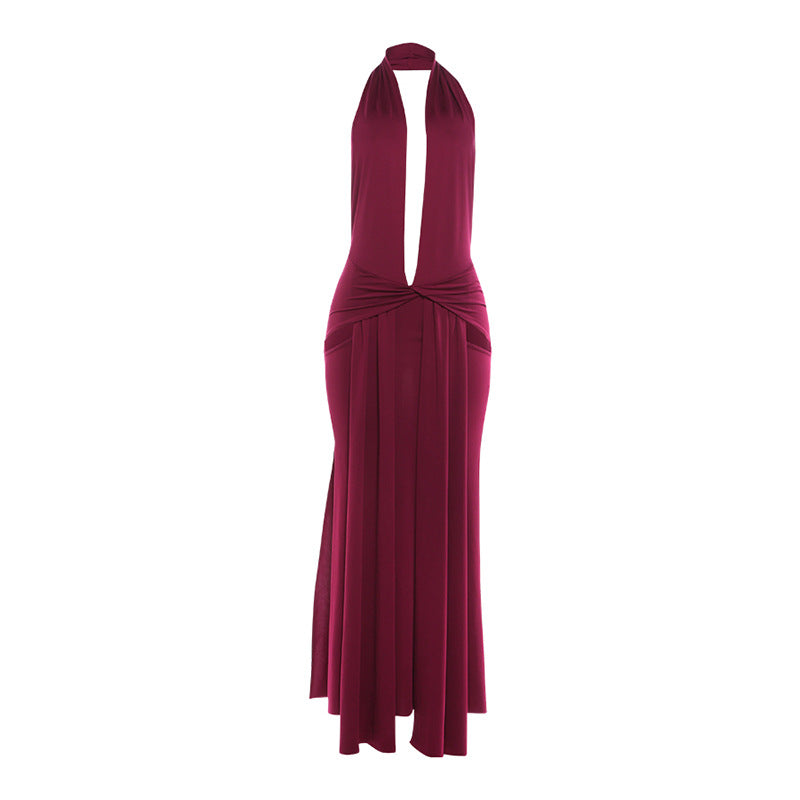 SXR winter fashion halter deep V-neck backless split solid color dress