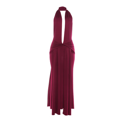 SXR winter fashion halter deep V-neck backless split solid color dress