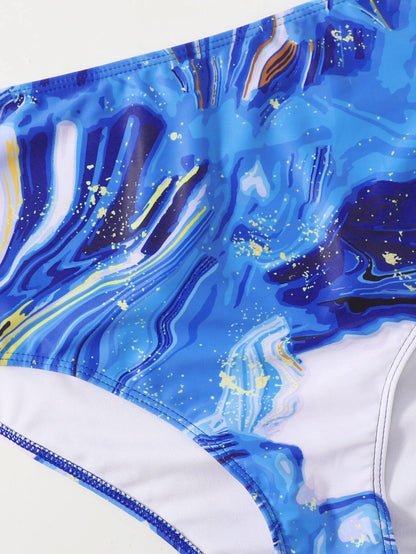 LF (L-4XL) women's split color printing swimsuit plus size