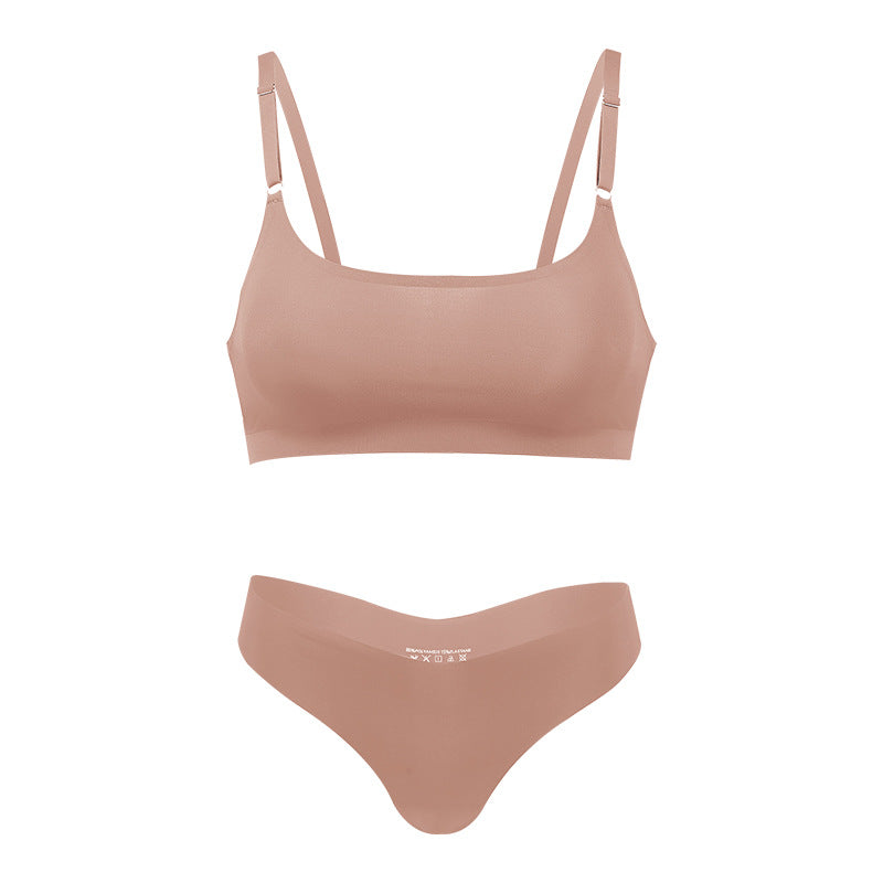 Seamless thin large size underwear set small breast size exaggerating bra T-shaped beauty back adjustable wireless bra