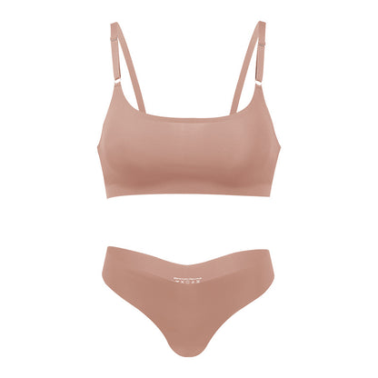 Seamless thin large size underwear set small breast size exaggerating bra T-shaped beauty back adjustable wireless bra
