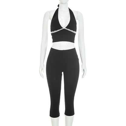 DZHT J26ST268 halter lace trim tight backless lace-up solid color rib cropped pants suit