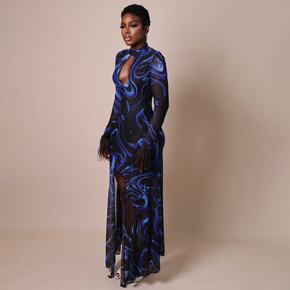 DZHT D26DS267 printing color contrast mesh wool long sleeve hollow dress