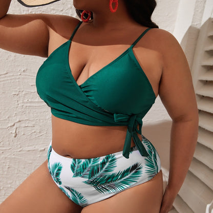 LF (L-4XL) women's split color printing swimsuit plus size