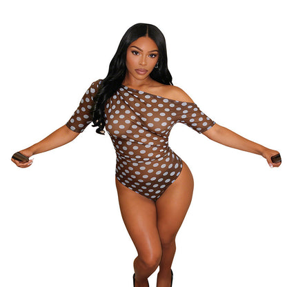 DZHT J26BS139 summer dot mesh see-through off-the-shoulder short sleeve rompers