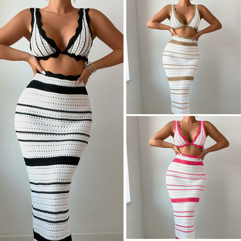 CYB striped textured beach bikini long skirt suit