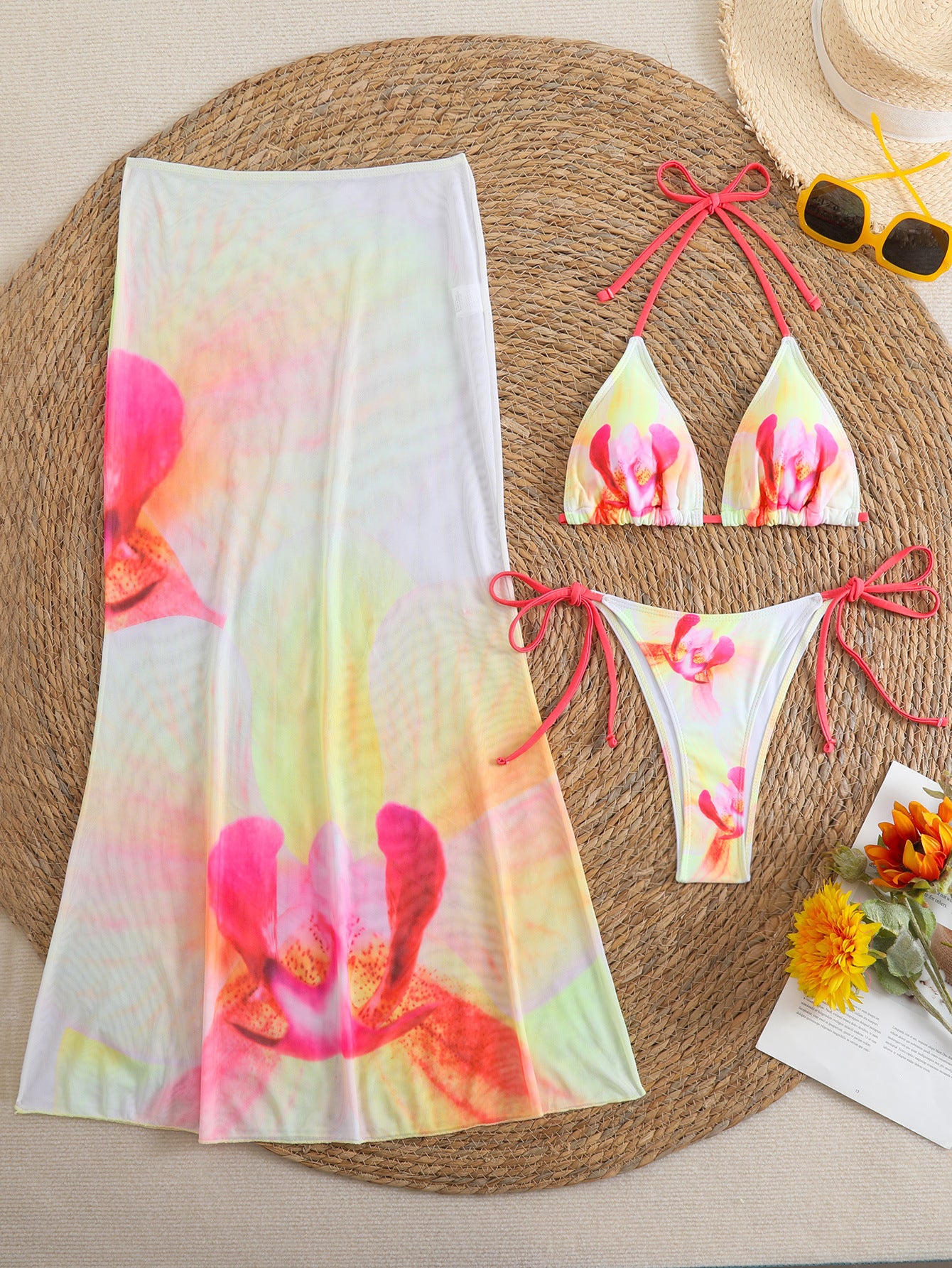 (4 days ready to ship) SY customized printing large floral three-piece set mesh long dress bikini