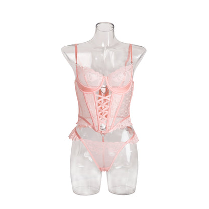 Lace stitching see-through love chest strap sexy lingerie split suit