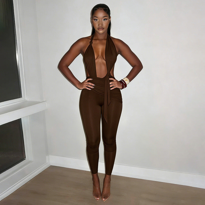 DZHT C26JP127 summer pure color halter lace-up knot backless Siamese cropped pants