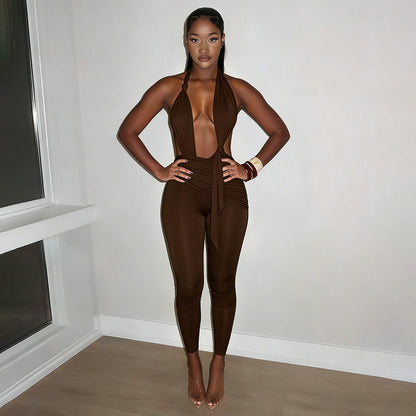 DZHT C26JP127 summer pure color halter lace-up knot backless Siamese cropped pants