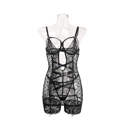 Red sexy lingerie lace suit hollow-out tight jumpsuit