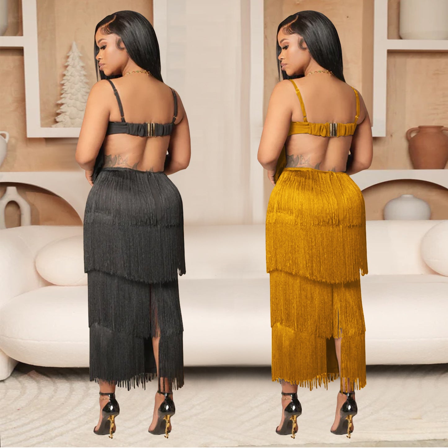 XYZ C7431 strap backless tassel long dress