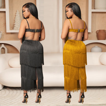 XYZ C7431 strap backless tassel long dress