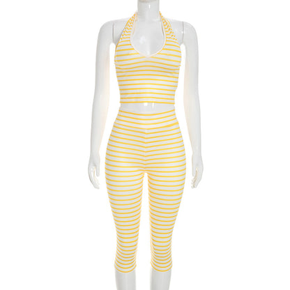 DZHT D26ST277 striped printed halterneck vest top high waist tight cropped pants two-piece set