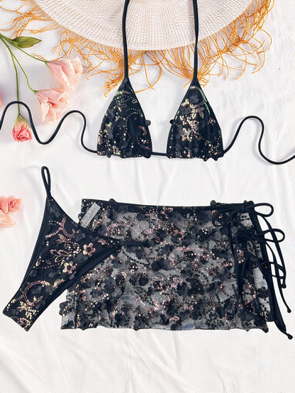 Bikini three piece swimsuit sequined swimsuit women strap match sets 6802