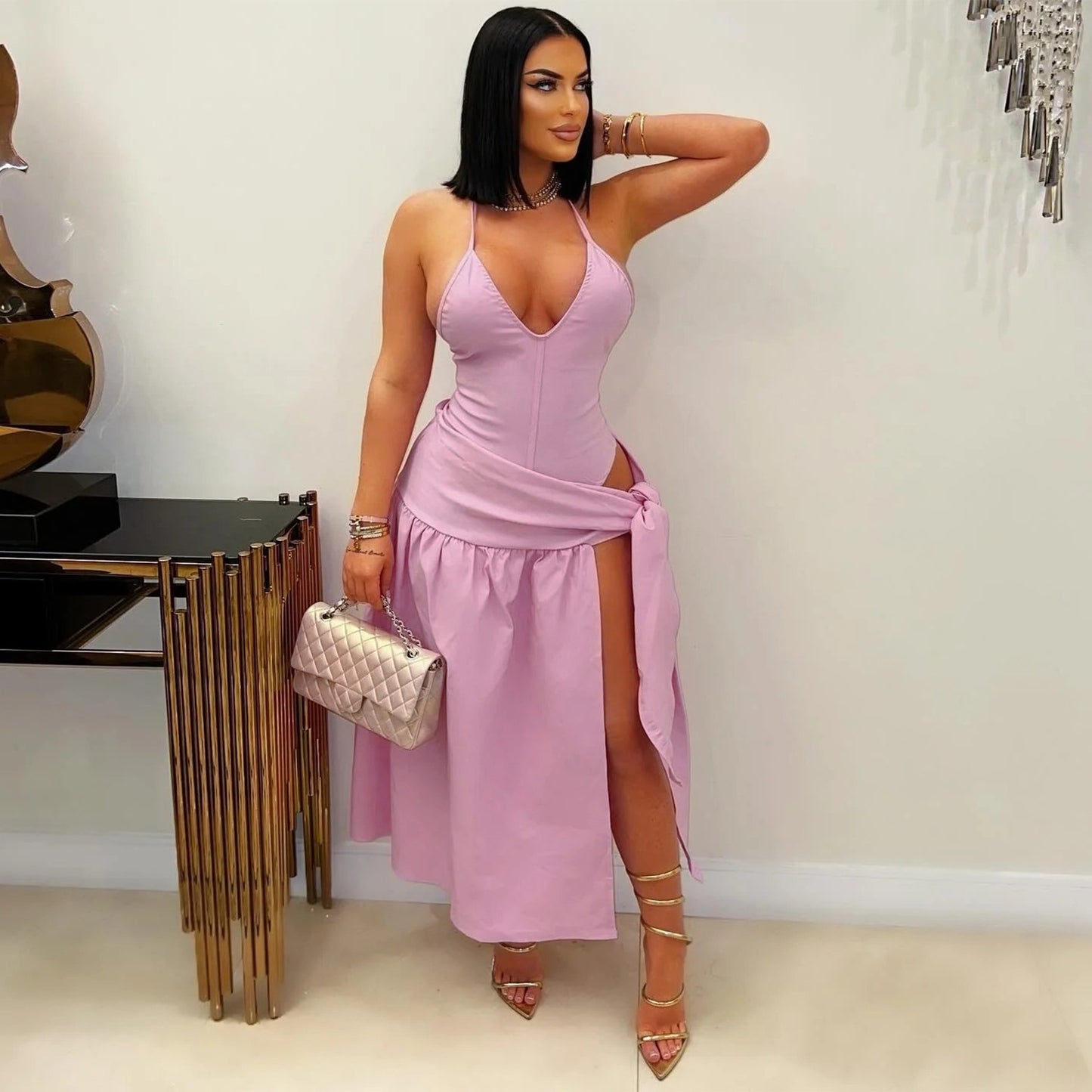 MYF (S-2XL) 10823 self-tie slit skirt suit