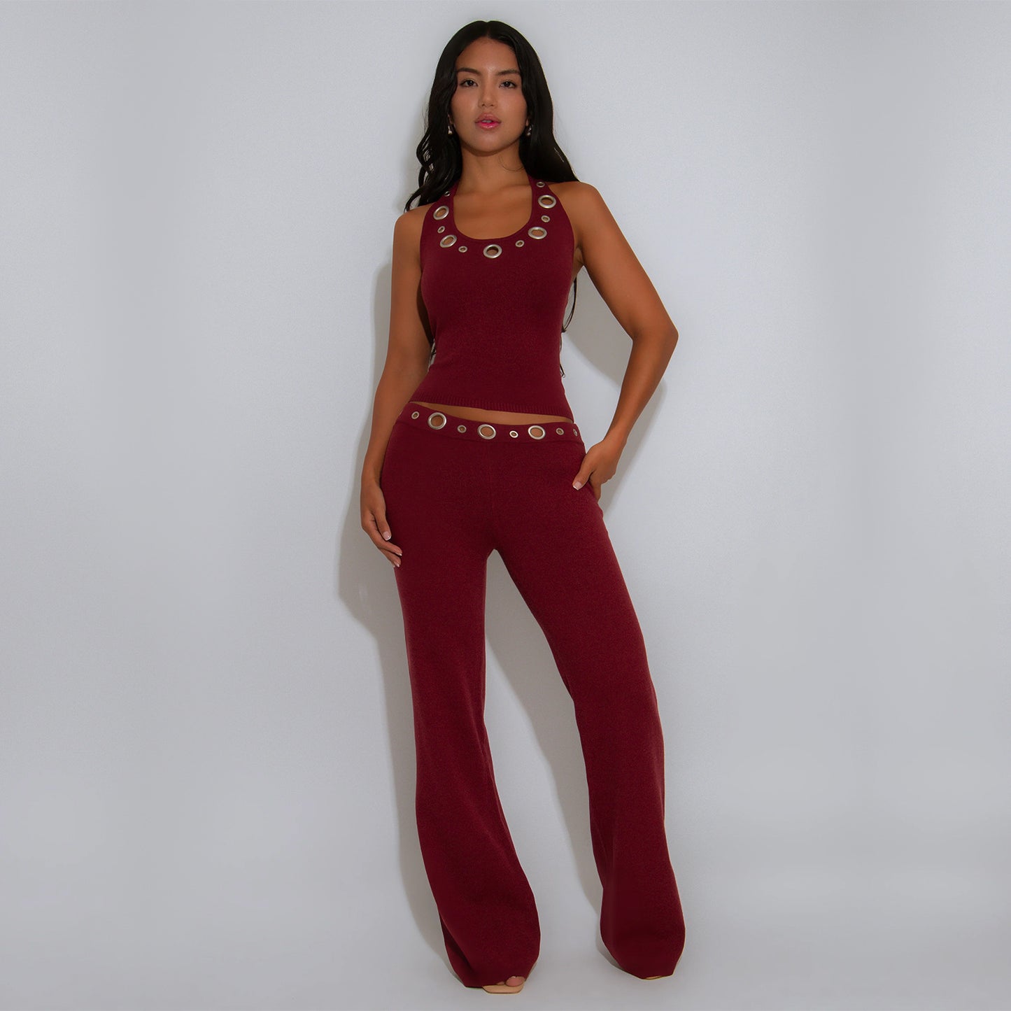 XYZ C7558 casual slim fit eyelet button top and trousers suit