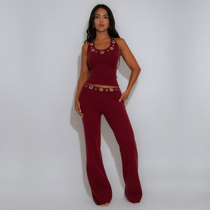 XYZ C7558 casual slim fit eyelet button top and trousers suit