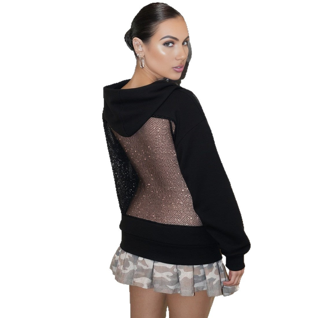 SXR fall winter fashion see-through mesh stitching long-sleeved hooded sweater for women