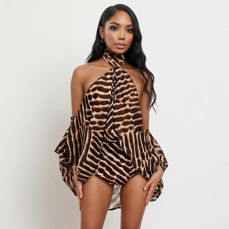 DZHT C26ST187 American Halter Off-the-shoulder printing suit