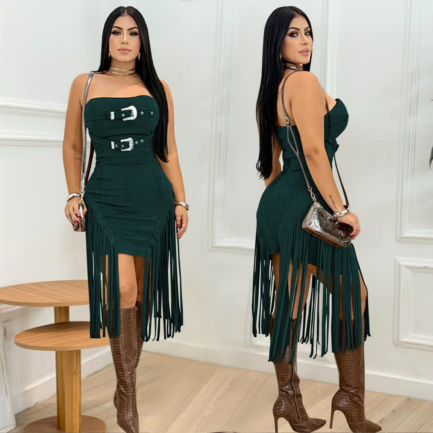 XYZ C7426 sleeveless tube top backless tassel dress