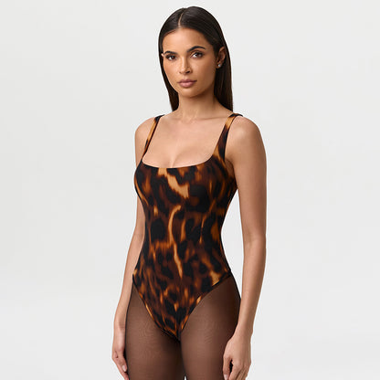 DZHT D26ST185 leopard print sleeveless leotard step-on tight trousers two-piece suit