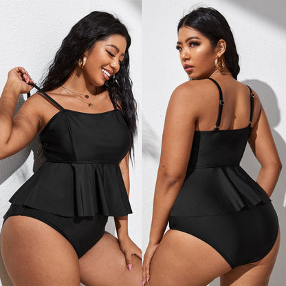LF (L-4XL) 2026 swimsuit women's split solid color black plus size plump girls triangle