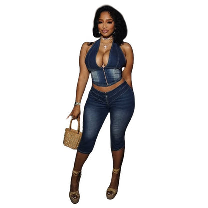 MZ (S-2XL) tube top halter lace-up denim cropped pants suit MZ88643 stretch