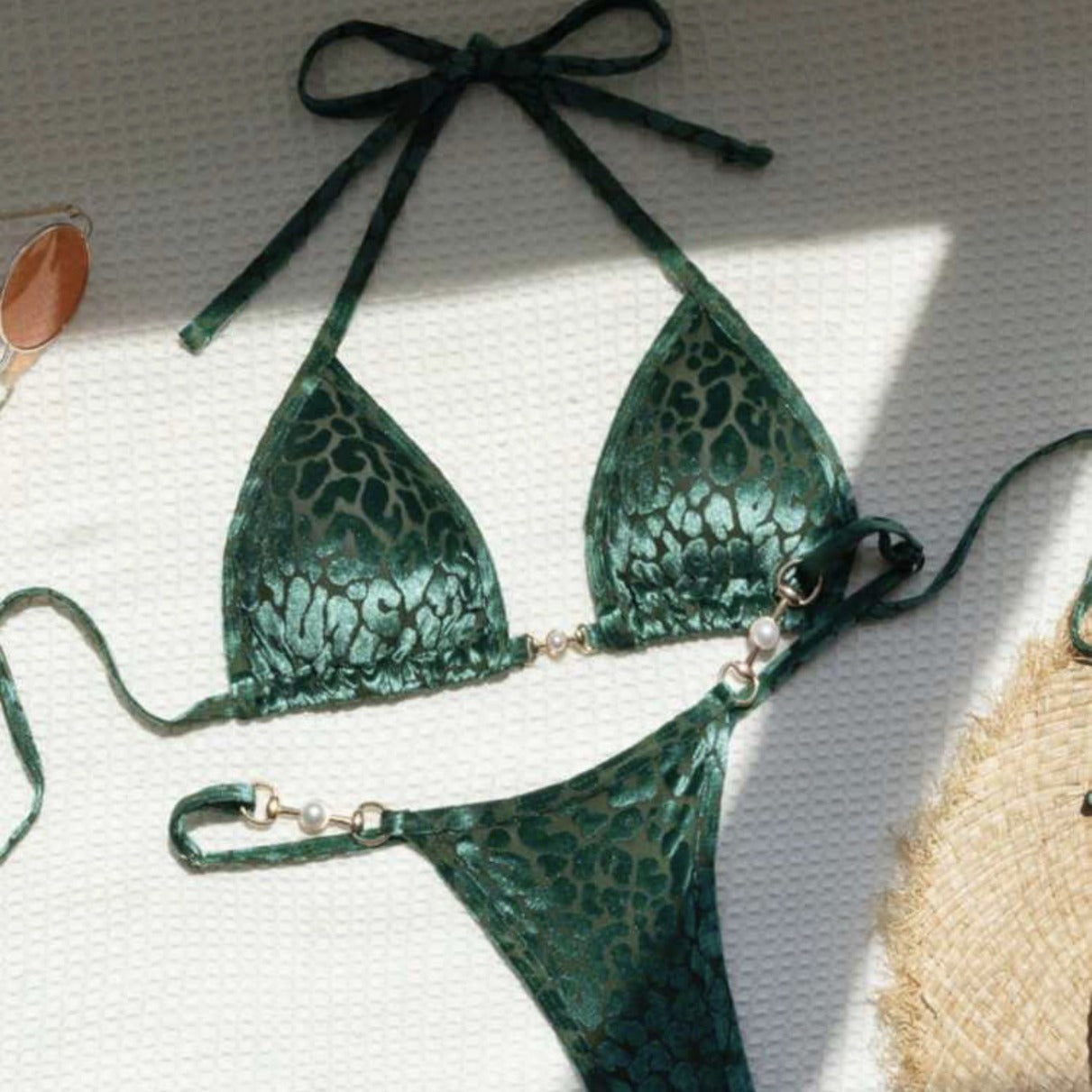 (4 days ready to ship) SY T-shaped pearl leopard special fabric swimsuit bikini