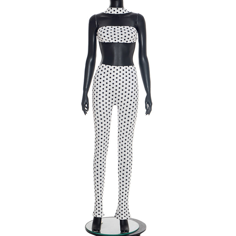 DZHT D25ST573 polka dot print halterneck vest backless top tight trousers two-piece suit