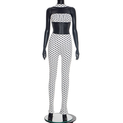 DZHT D25ST573 polka dot print halterneck vest backless top tight trousers two-piece suit