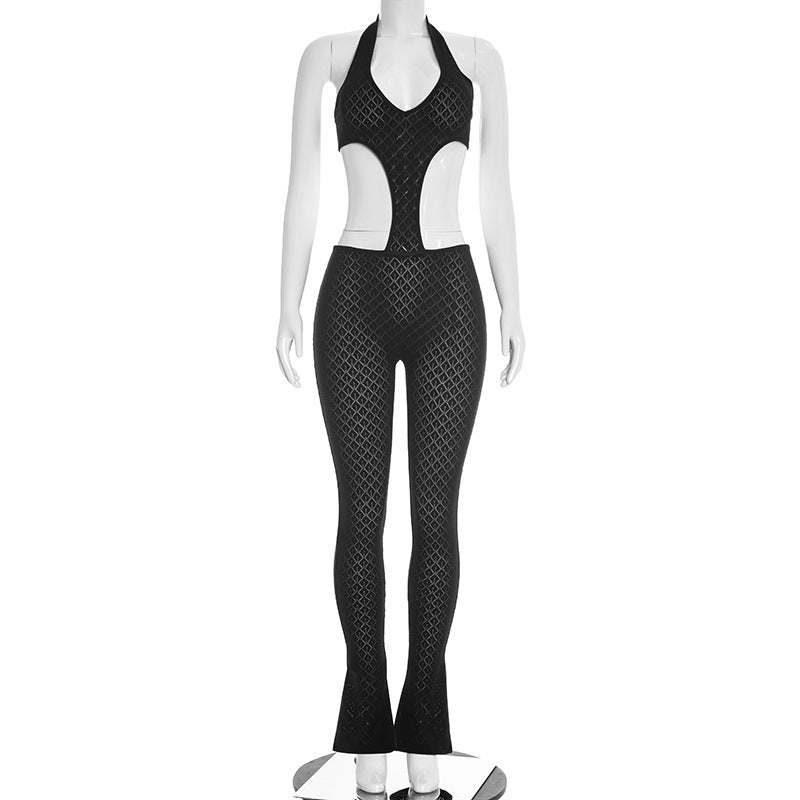 DZHT J26JP067 see-through slim-fit slimming knitted deep V jumpsuit