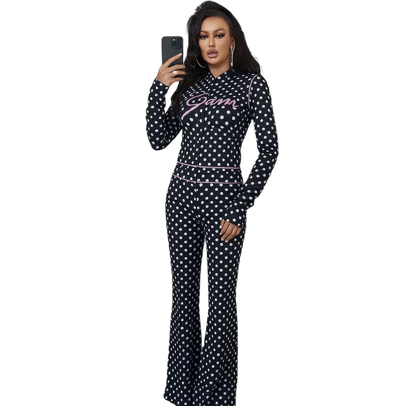 SXR autumn and winter polka dot letter print navel hooded jacket trousers suit