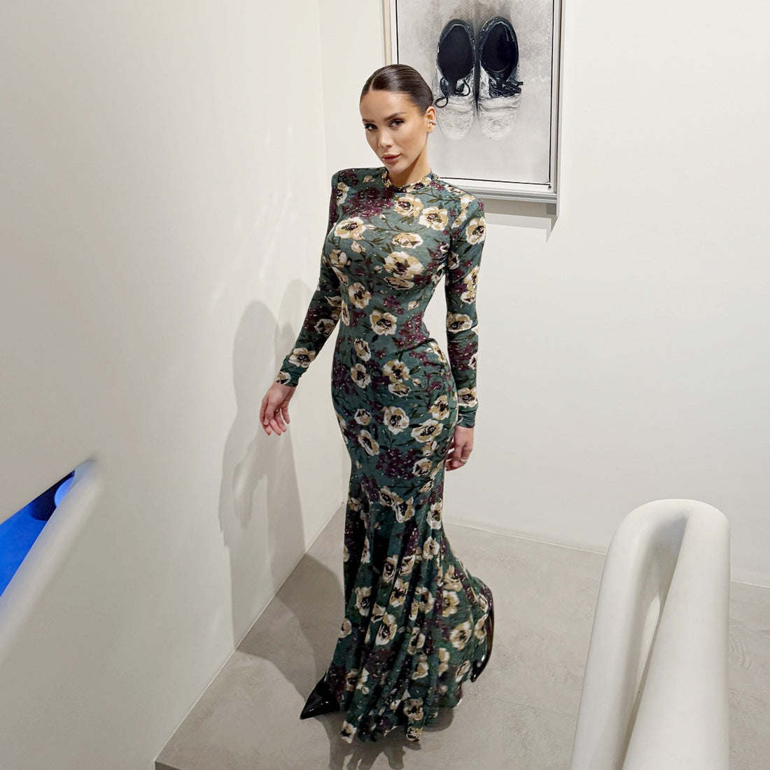 SXR 2026 spring vintage printed fishtail dress long sleeve waist-tight elegant dress
