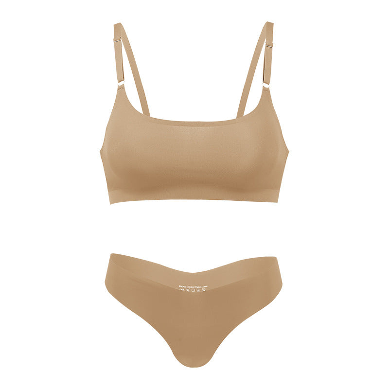 Seamless thin large size underwear set small breast size exaggerating bra T-shaped beauty back adjustable wireless bra