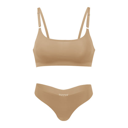 Seamless thin large size underwear set small breast size exaggerating bra T-shaped beauty back adjustable wireless bra